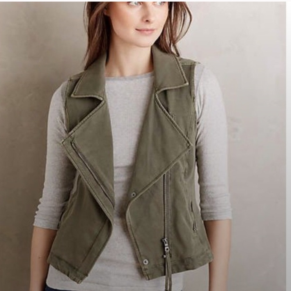 Anthro Marrakech moto vest asymmetrical front in olive, pockets & zippers Size M